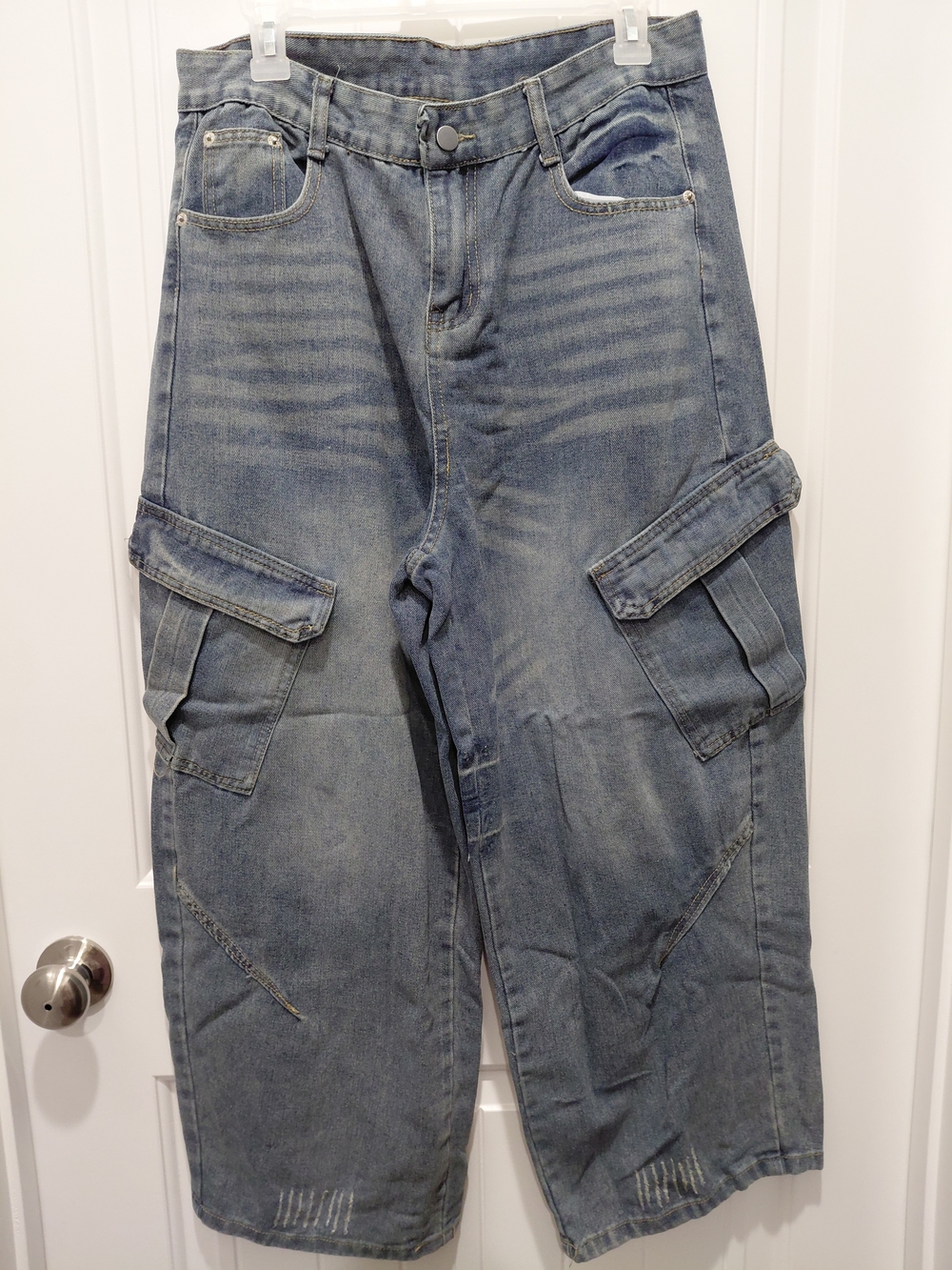 Relaxed Washed Blue Cargo Jeans for Women #0974